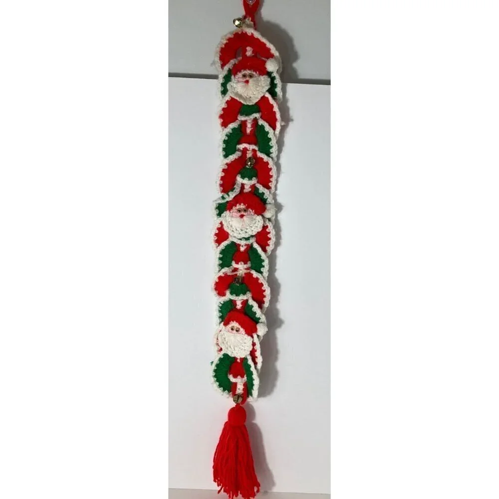 Vintage 60s Handmade Crocheted Santa Bell Wall Hanger Red‎ Green Tassle 4 x 31